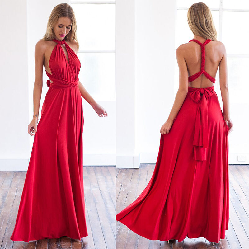 Red evening gown with halter neckline and open back, shown from front and back views.