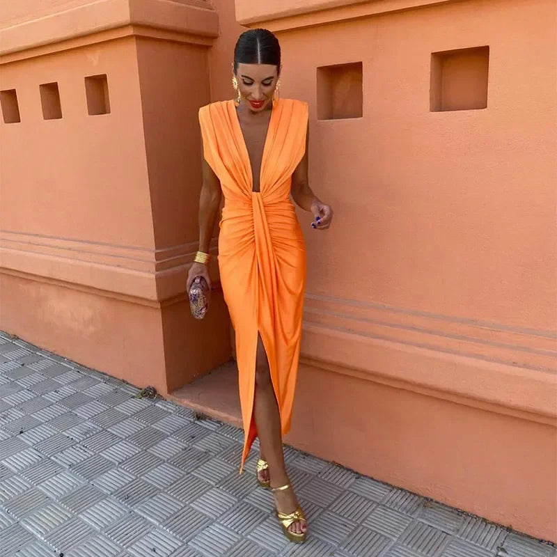 Women's Pleated Maxi Dress Flowy Fit Sleeveless
