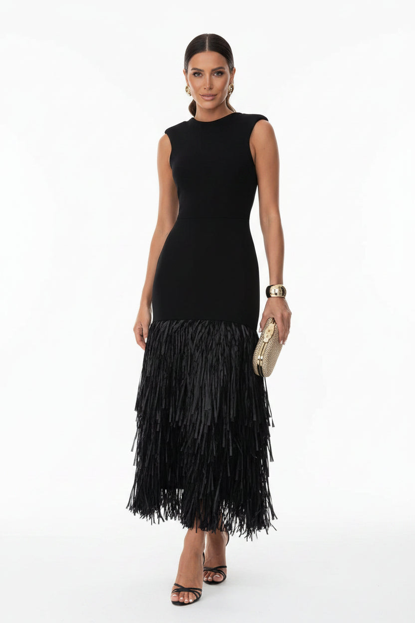 Raffia knit midi dress with tassel detailing and stretch fit silhouette