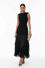 Raffia knit midi dress with tassel detailing and stretch fit silhouette
