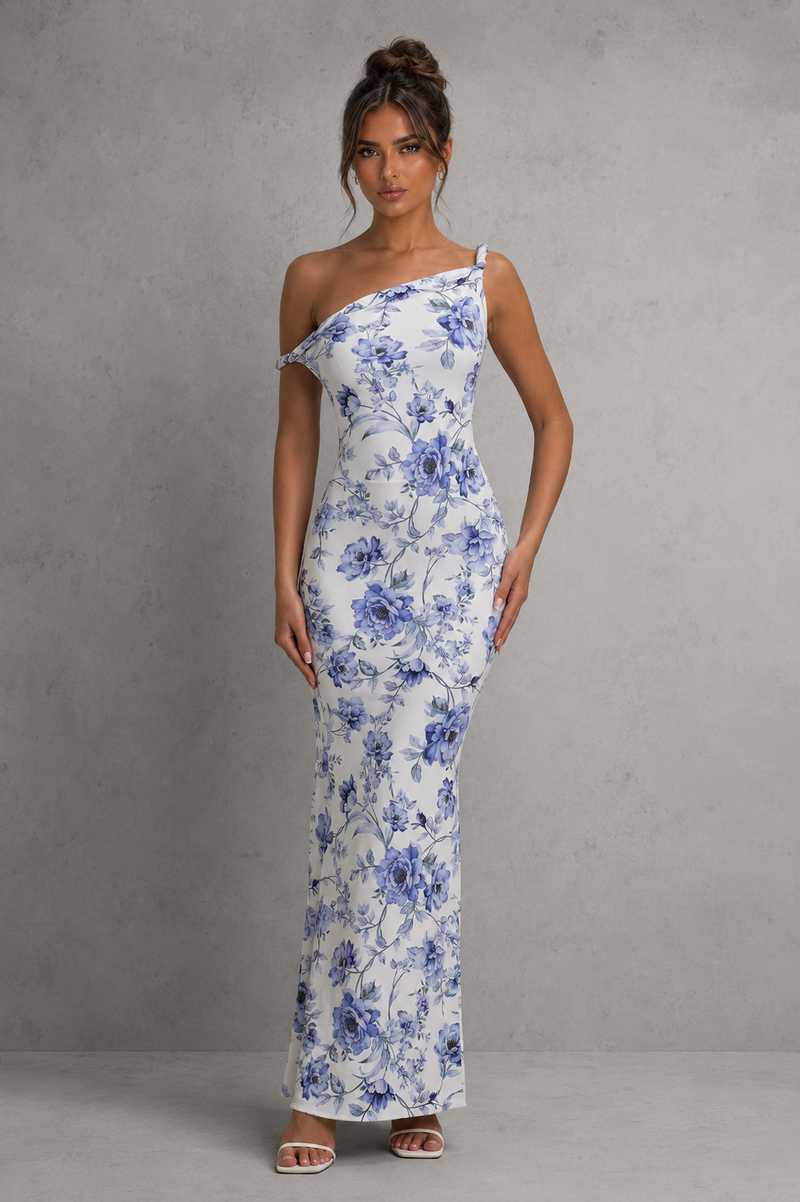 Women’s Asymmetric Bodycon Maxi Dress in Stretch Jersey for Evening & Formal Wear