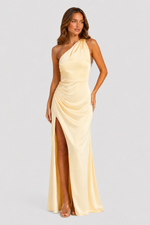 Women’s beige asymmetric maxi dress with elegant side split and flowing silhouette