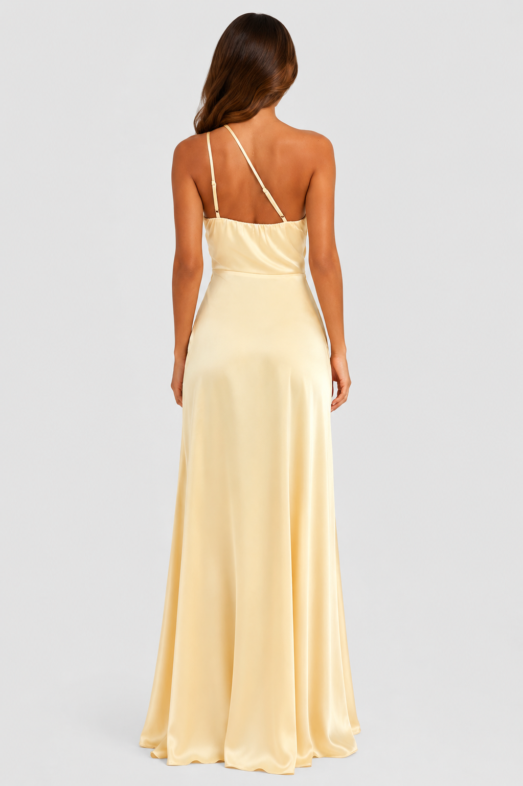 Women’s beige asymmetric maxi dress with elegant side split and flowing silhouette