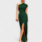 Green one-shoulder dress with a slit on a white background