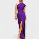 Purple one-shoulder dress with a slit on a white background