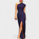 Navy one-shoulder dress with a slit on a light gray background