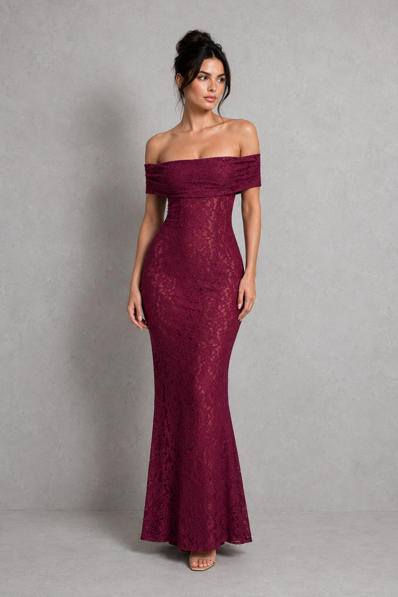 Women’s Bardot Floral Lace Maxi Dress for Evening & Special Occasion W