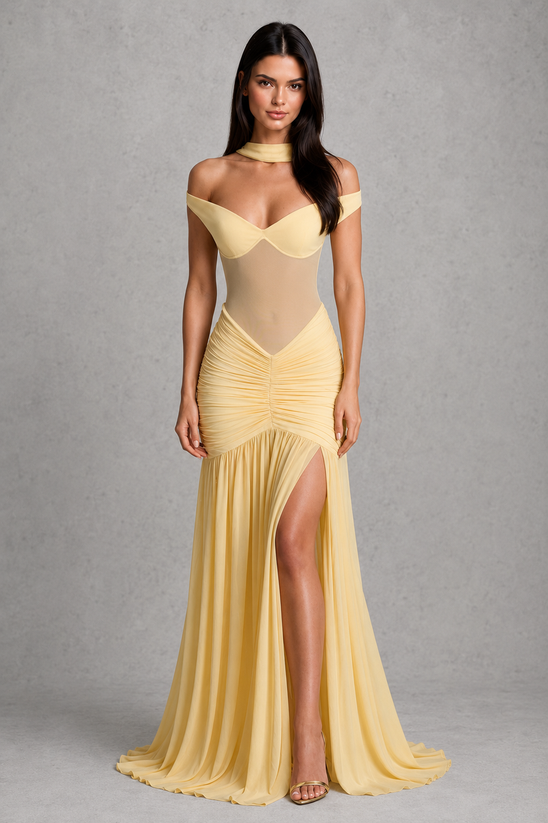 Women’s Bardot Mesh Maxi Dress with High Split for Evening & Formal We