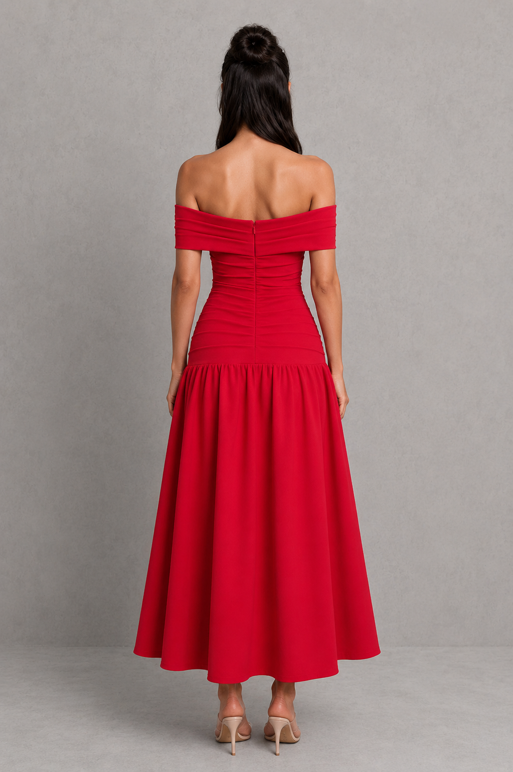 Red off-shoulder dress on a gray background