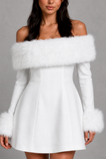 White dress with fur trim on a gray background