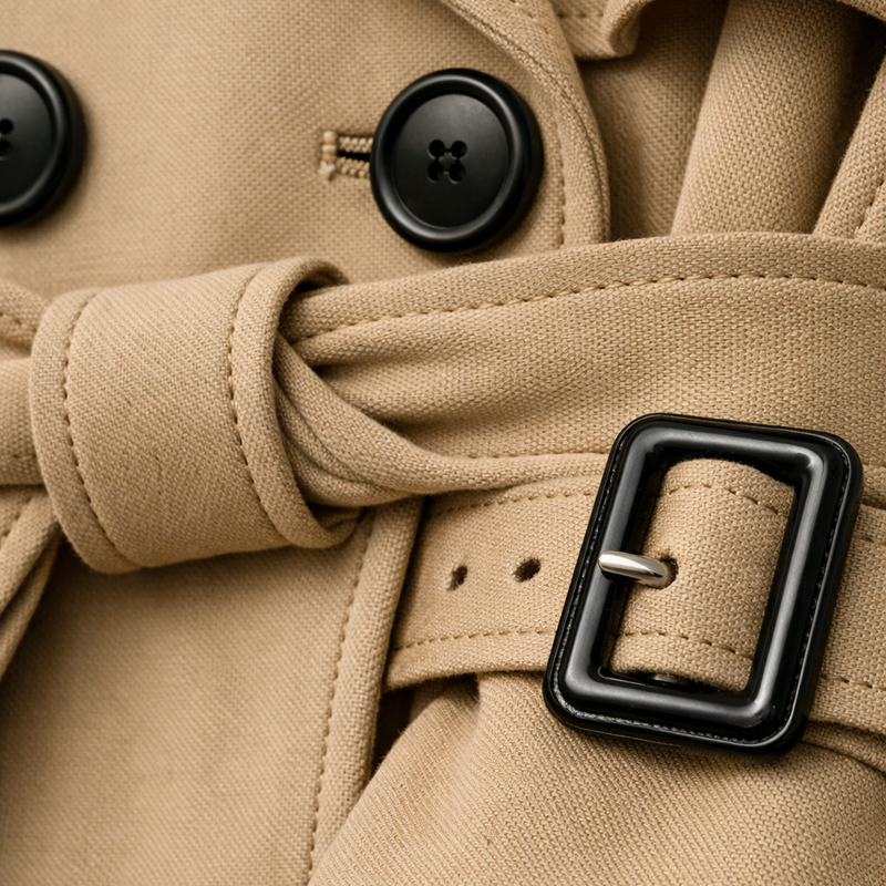 Close-up of a beige trench coat with black buttons and buckle.