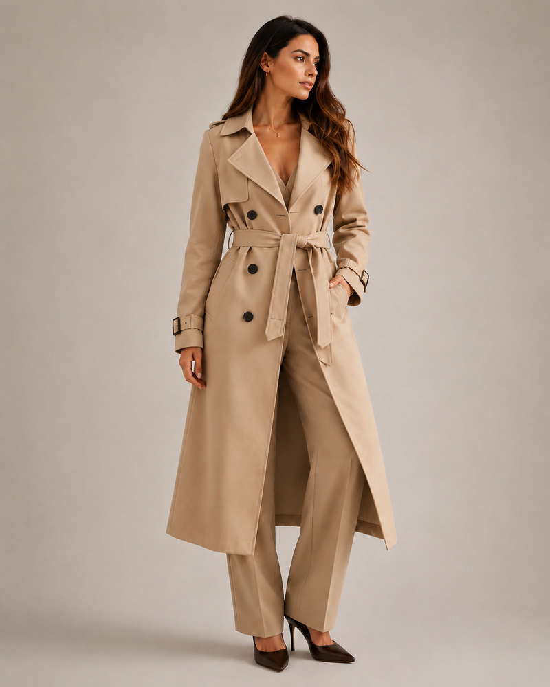 Woman wearing a gray trench coat on a plain background