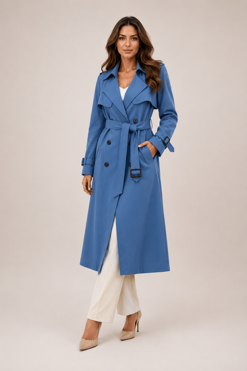 Woman wearing a blue trench coat on a beige background