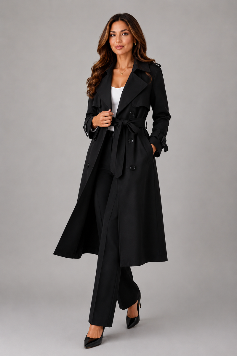 Woman wearing a gray trench coat on a plain background