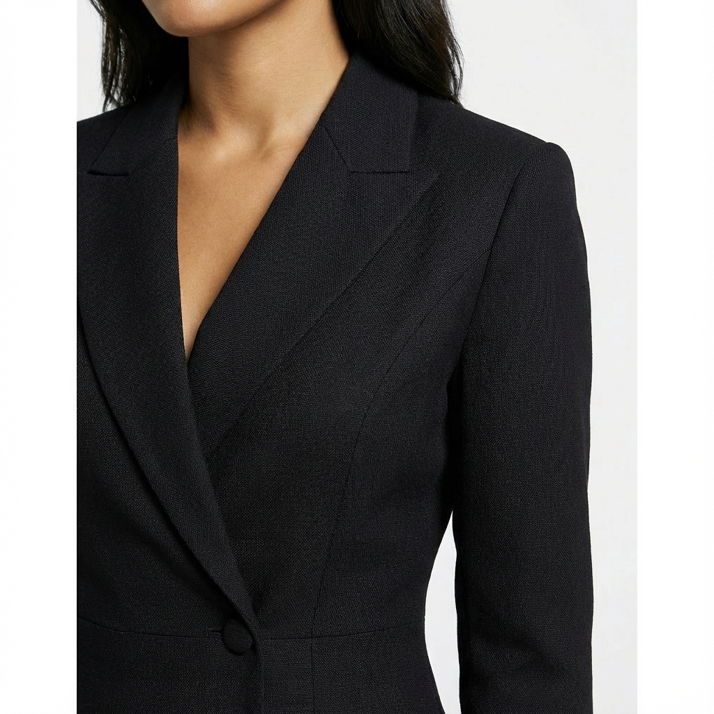 Black blazer worn by a person on a white background