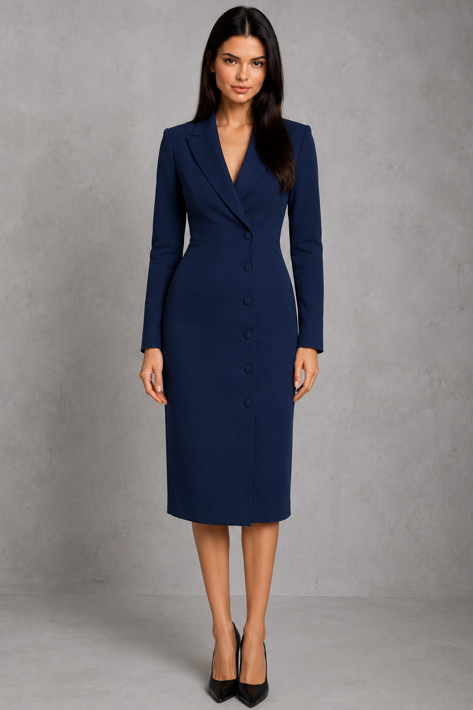 Woman wearing a navy blue suit dress against a gray background