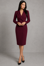 Woman wearing a burgundy dress against a gray background