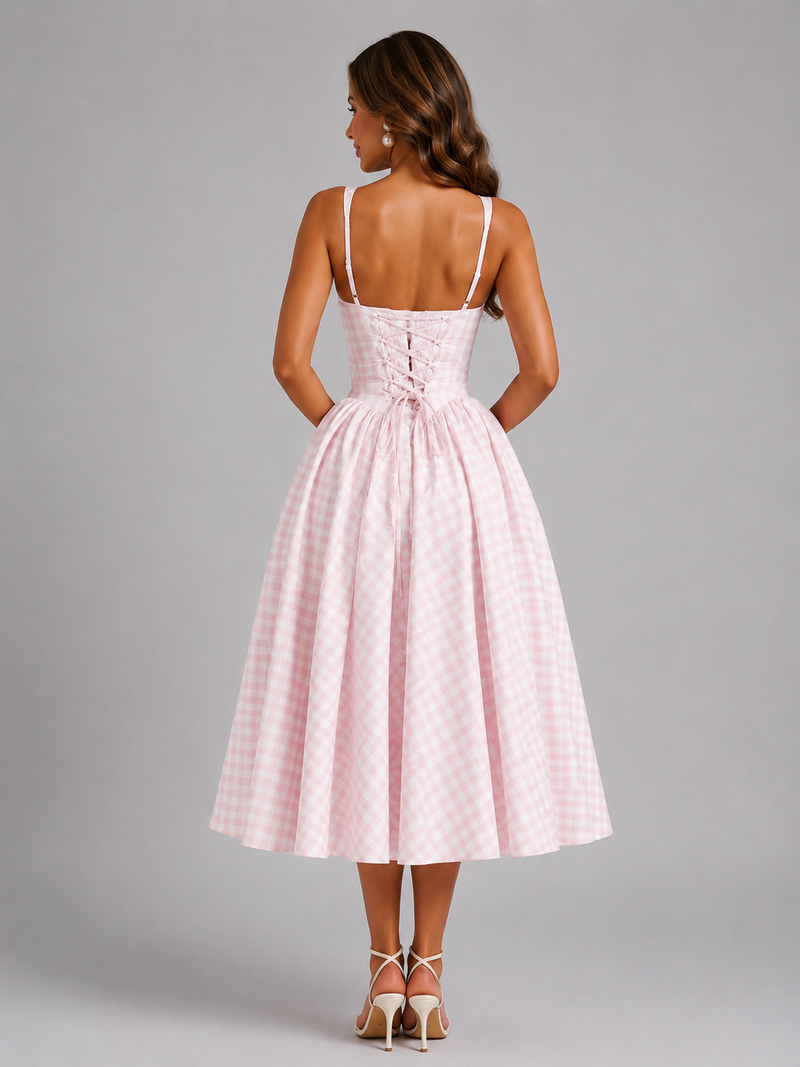 Woman wearing a pink dress with a gray background