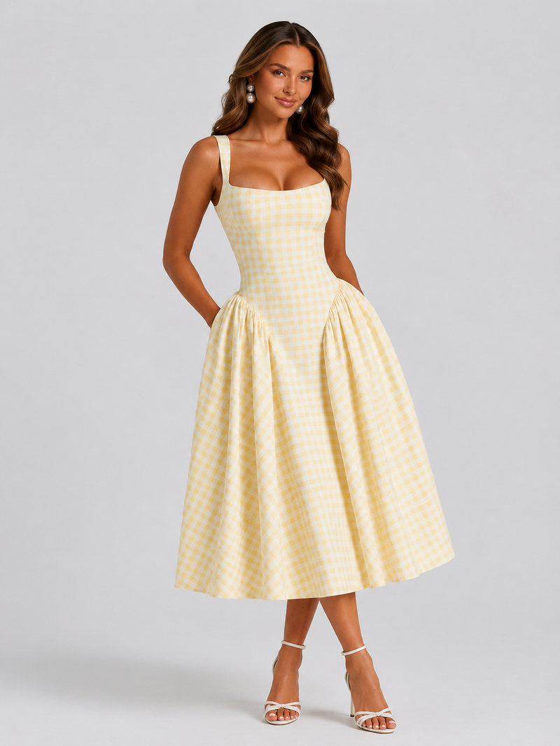 Woman wearing a yellow checkered dress on a gray background