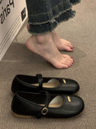 Black shoes with a strap on a carpeted floor next to a person's feet.