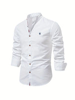 White button-up shirt with a small logo on a white background