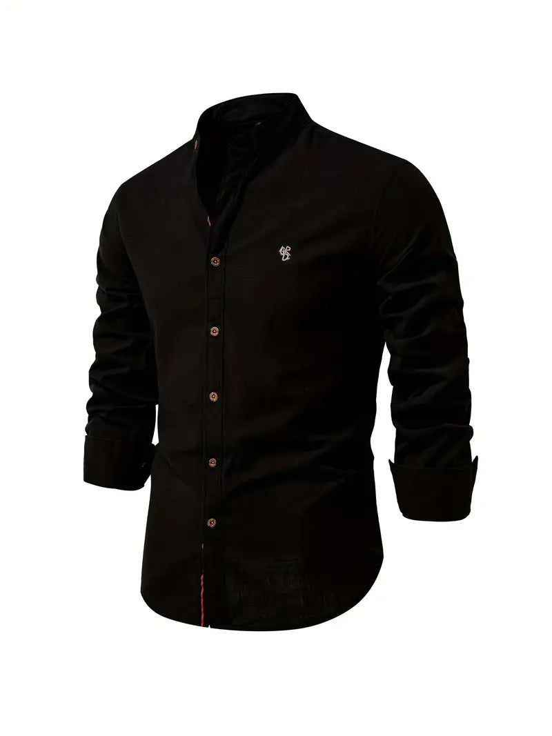 Black button-up shirt on a white background