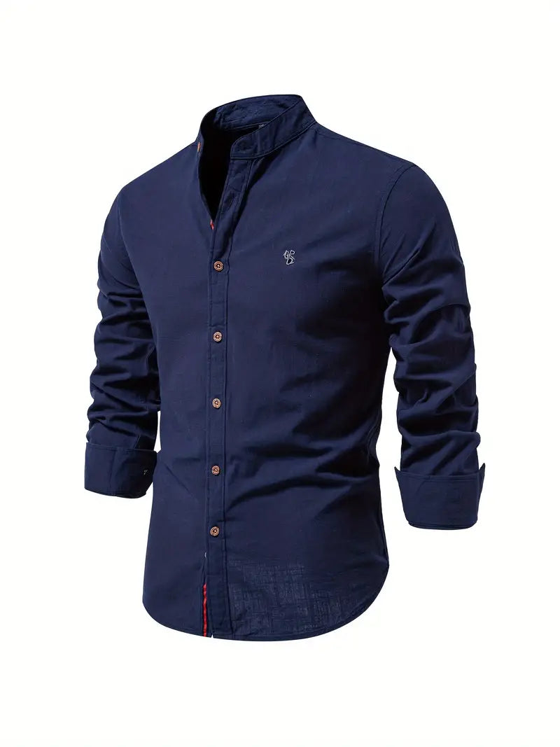 Navy blue shirt with brown buttons on a white background