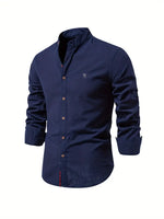 Navy blue shirt with brown buttons on a white background