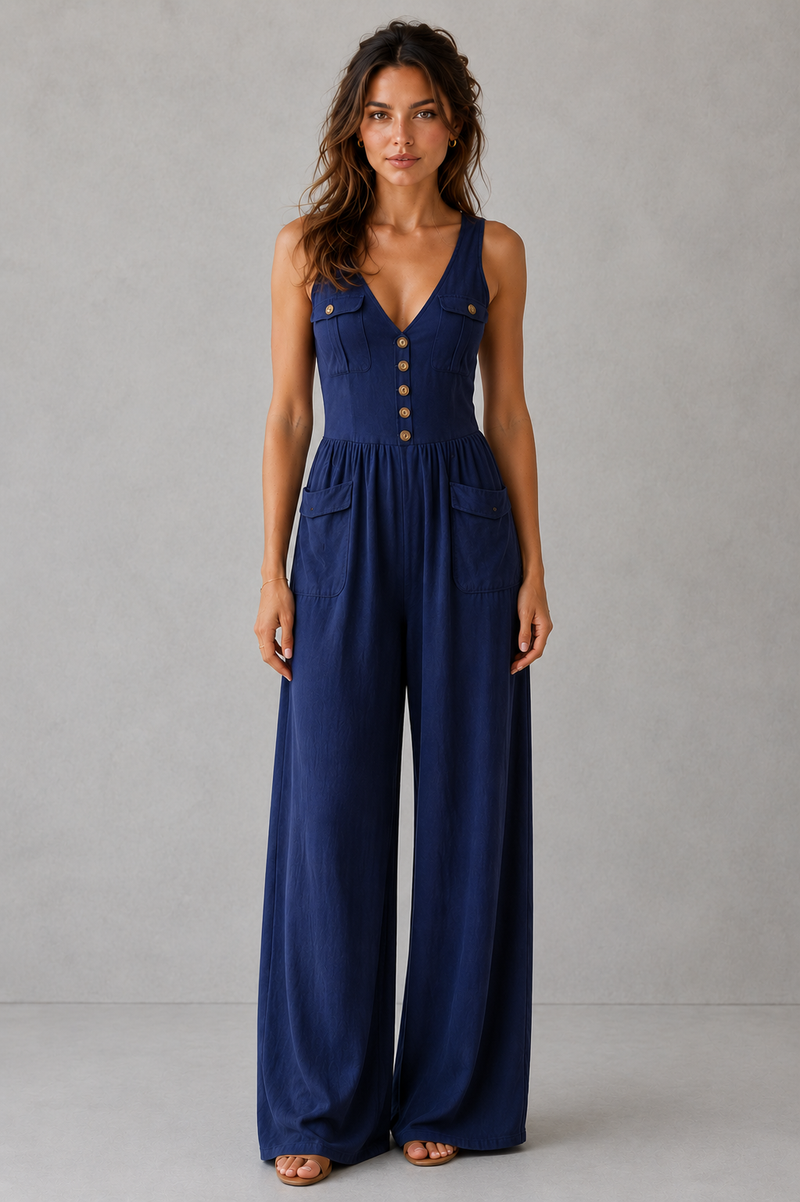 Woman wearing a blue jumpsuit against a gray background
