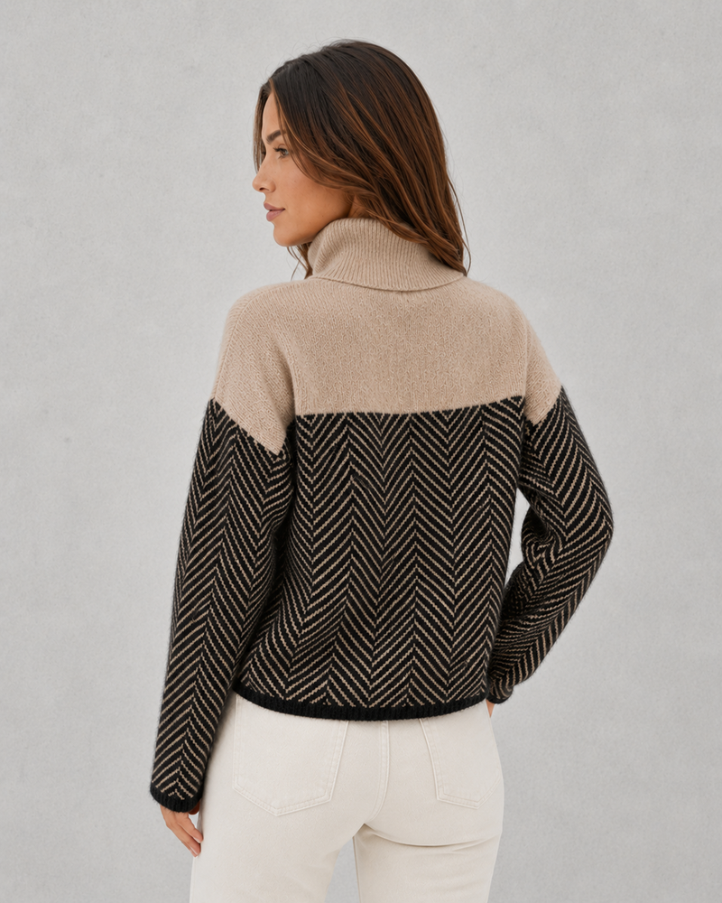 Women's Colour Block Roll Neck Jumper - Soft Knitted Winter Sweater