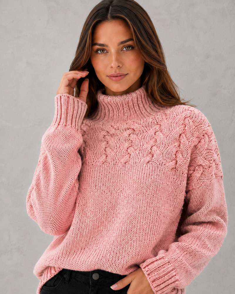 Women's Cable Knit Roll Neck Jumper - Soft Winter Sweater