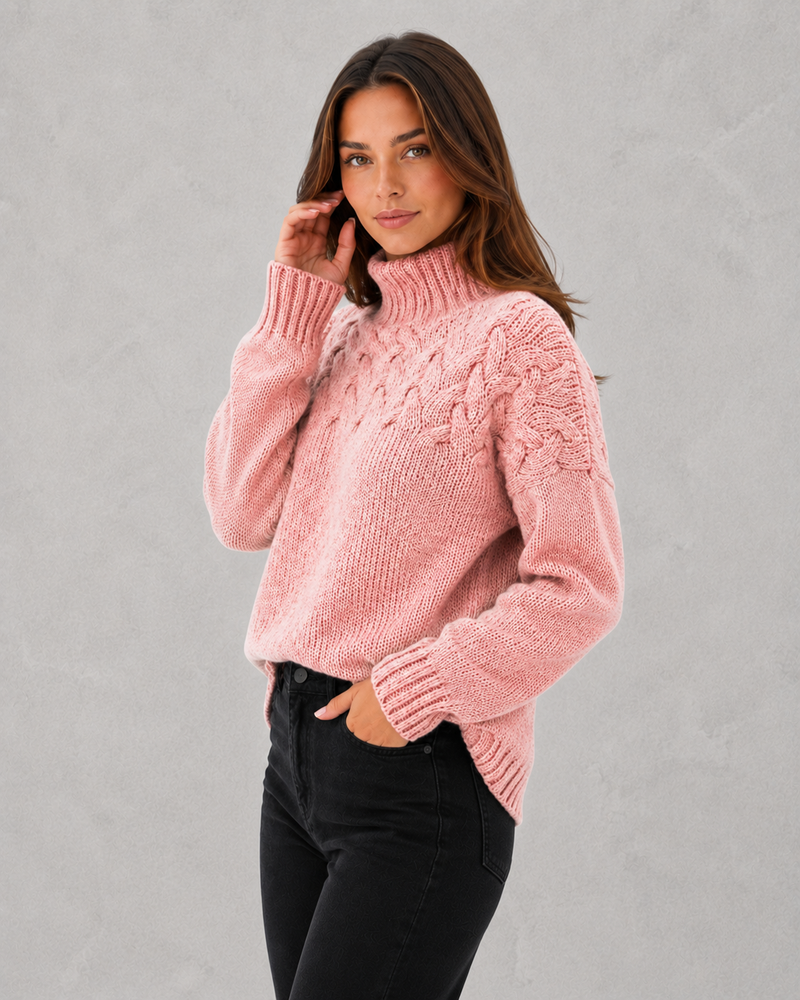 Women's Cable Knit Roll Neck Jumper - Soft Winter Sweater
