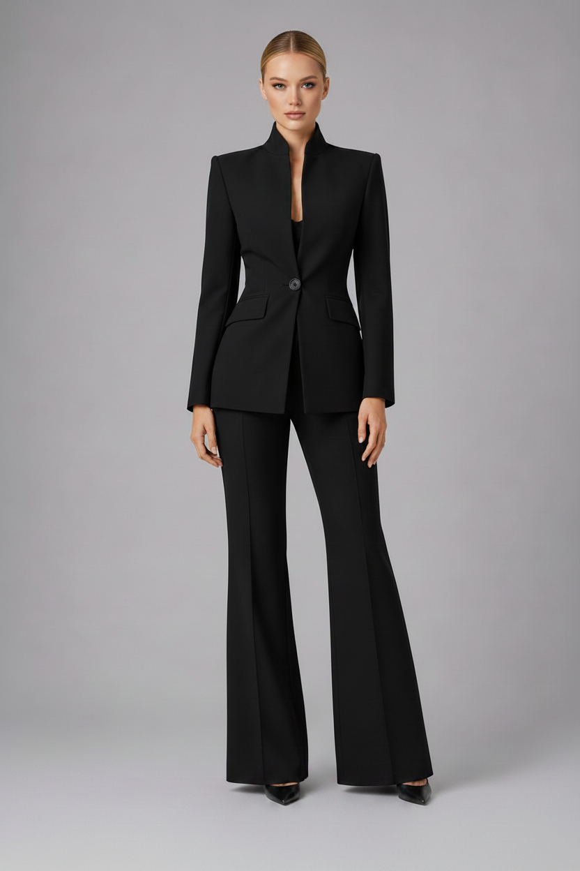 Woman wearing a black suit on a gray background