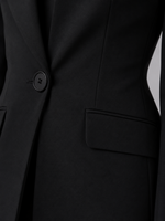 Close-up of a black suit jacket with a button and pocket