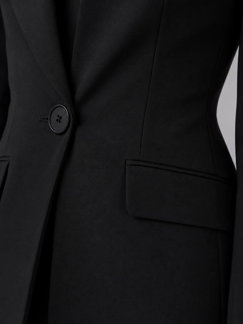 Close-up of a black suit jacket with a button and pocket