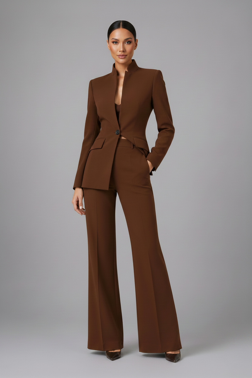 Woman wearing a brown suit against a gray background