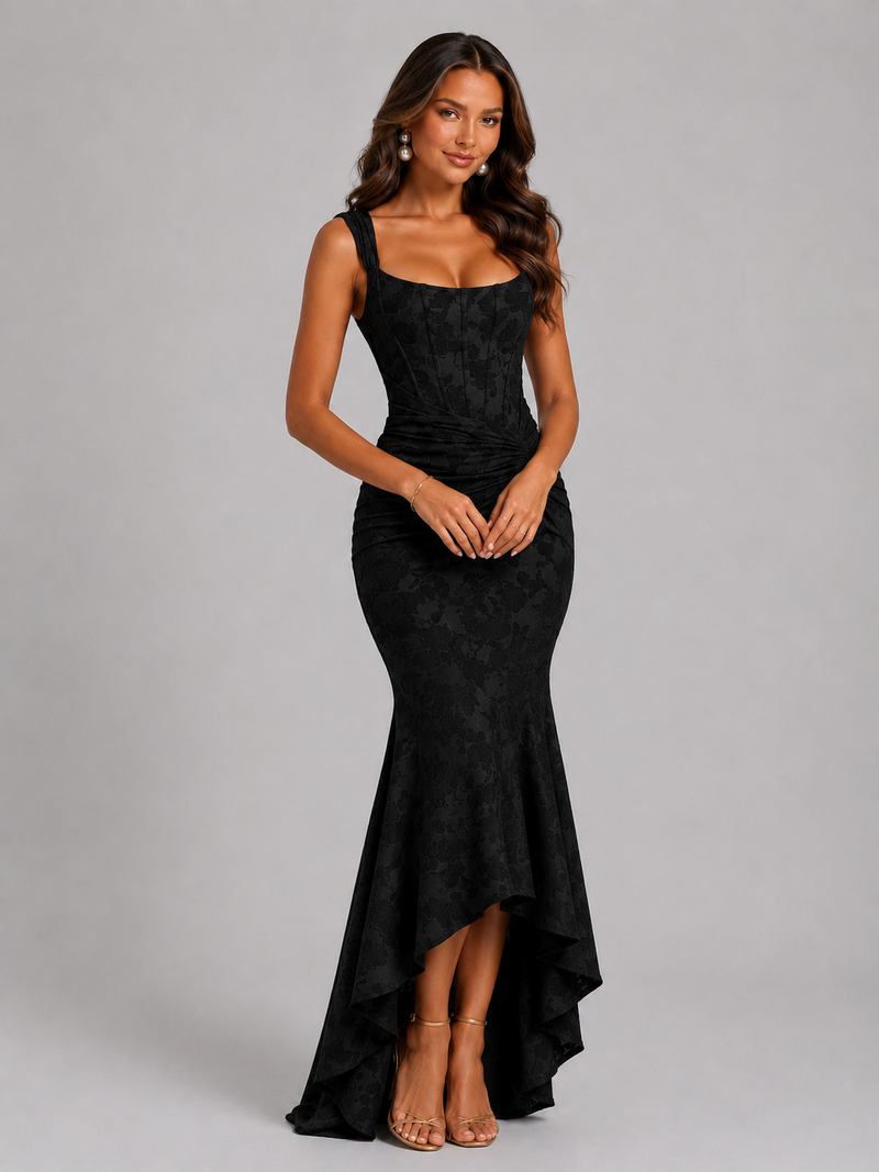 Woman wearing a black evening gown on a gray background