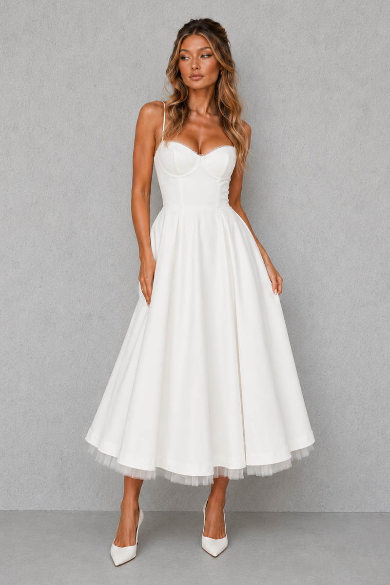 Woman wearing a white strapless dress against a gray background