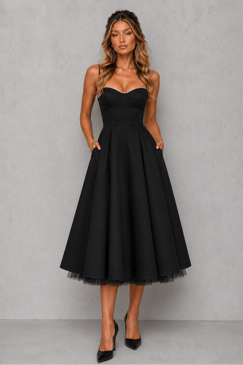 Woman wearing a black dress against a gray background