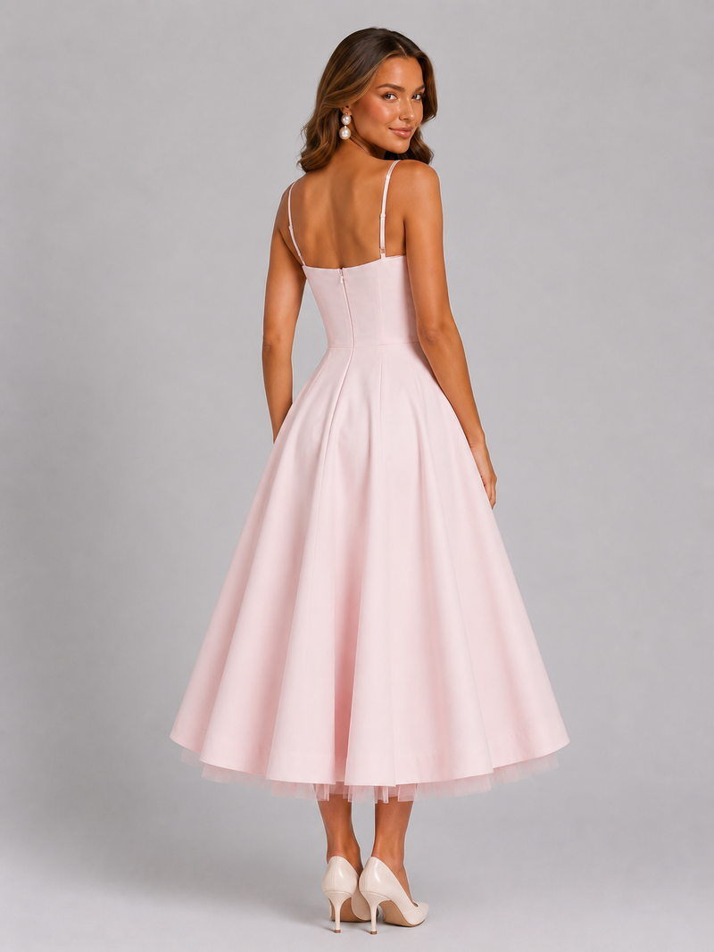 Woman wearing a pink dress with thin straps on a gray background
