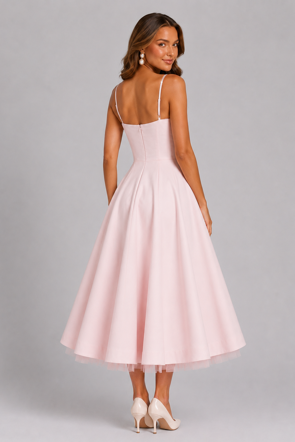 Woman wearing a pink dress with thin straps on a gray background