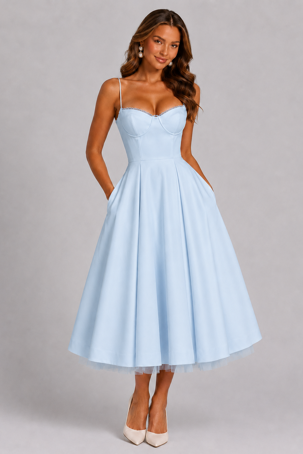 Woman wearing a light blue dress on a gray background