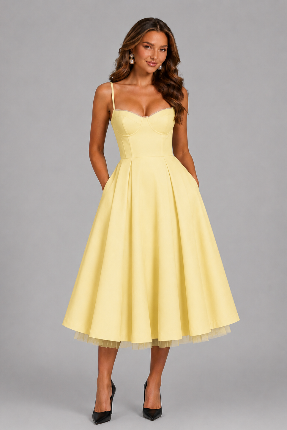 Woman wearing a yellow dress against a gray background