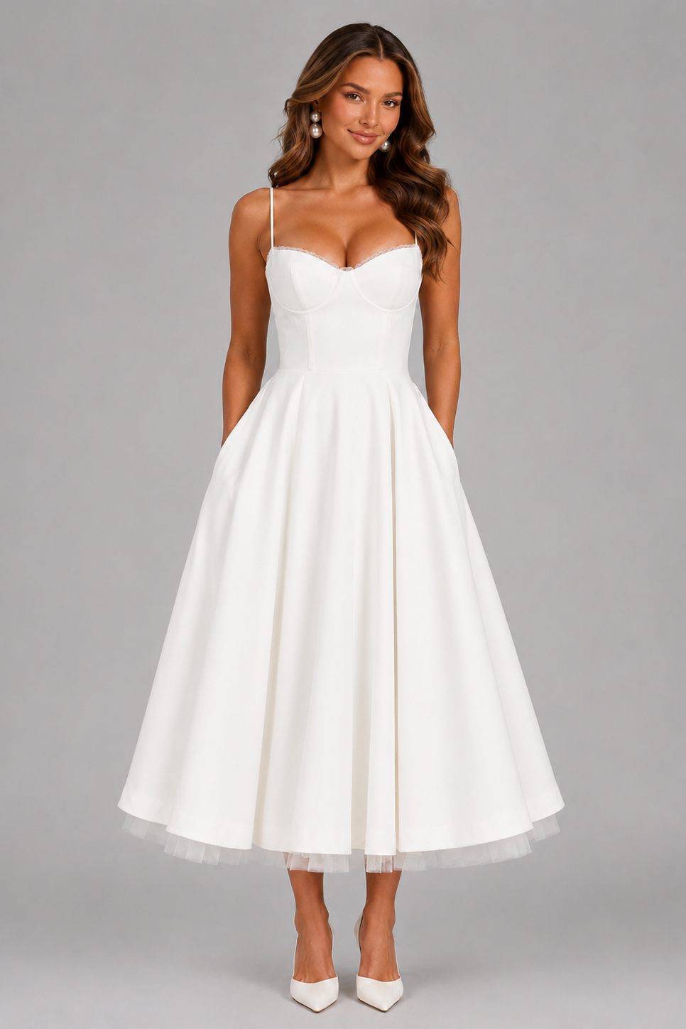 Woman wearing a white dress against a gray background