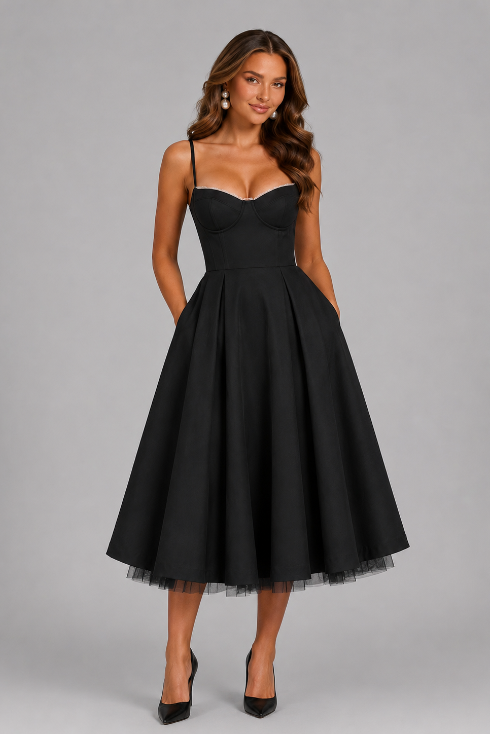 Woman wearing a black dress against a gray background