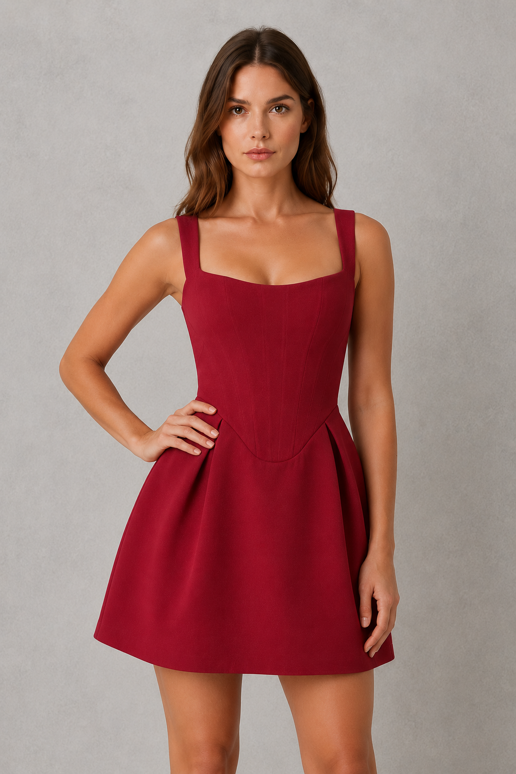 Woman wearing a red dress against a gray background