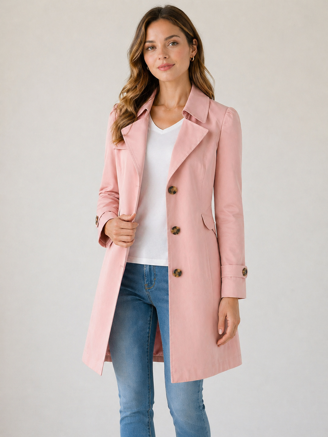 Woman wearing a pink coat over a white shirt and blue jeans on a plain background