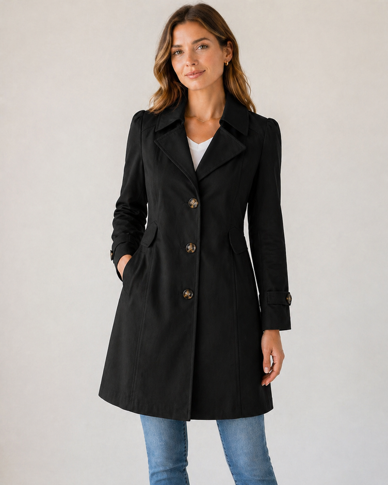 Woman wearing a black coat on a plain background