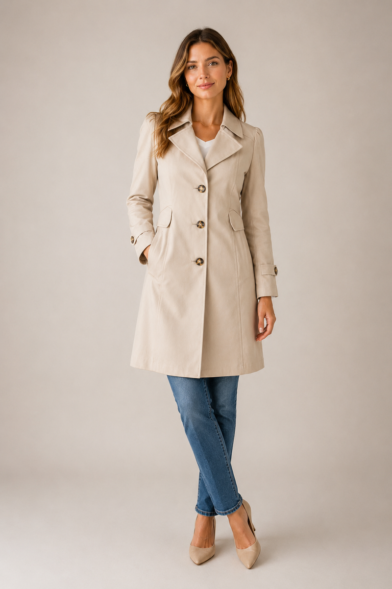 Woman wearing a beige trench coat on a plain background