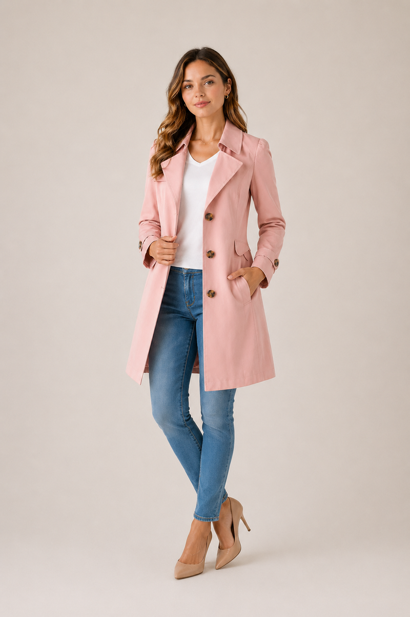 Women’s Lightweight Tailored Trench Coat – Classic Button-Up Long Coat